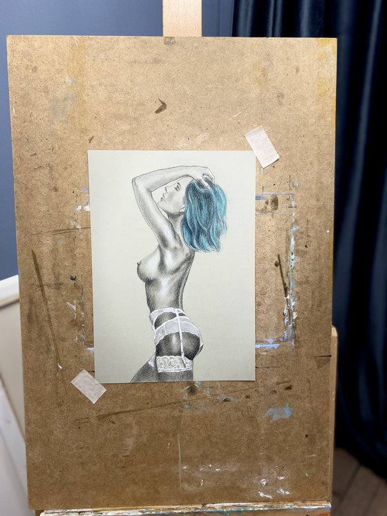 White underwear, blue hair