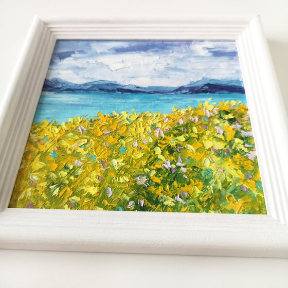 Impressionist landscape, sea, flower meadow, small oil painting