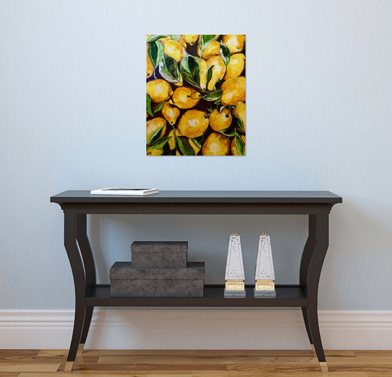 Lemons, oil painting, still life. Palette knife painting on canvas.