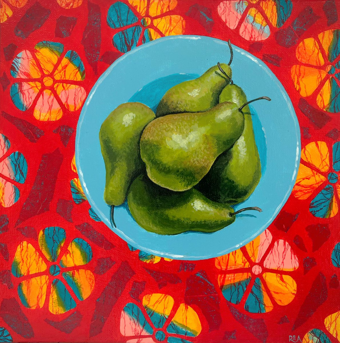 Still life - Pears on Blue Plate by Ruth Archer