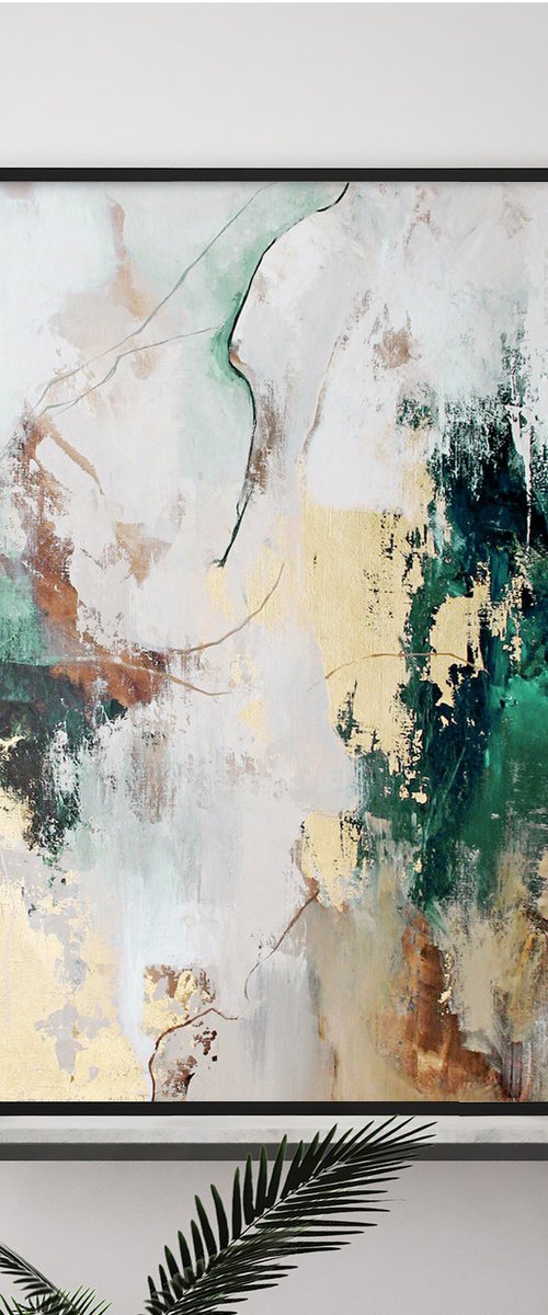 "Green Flow 4" Abstract green and gold art by Yana Sagan