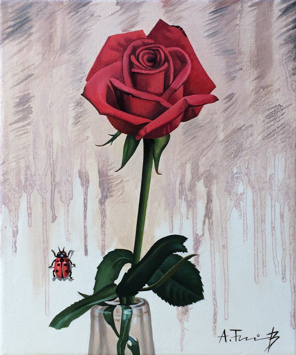 Photorealistic Still Life Oil Painting By Alexander Titorenkov, 10 X 12, Still Life With A Rose, Original Artwork
