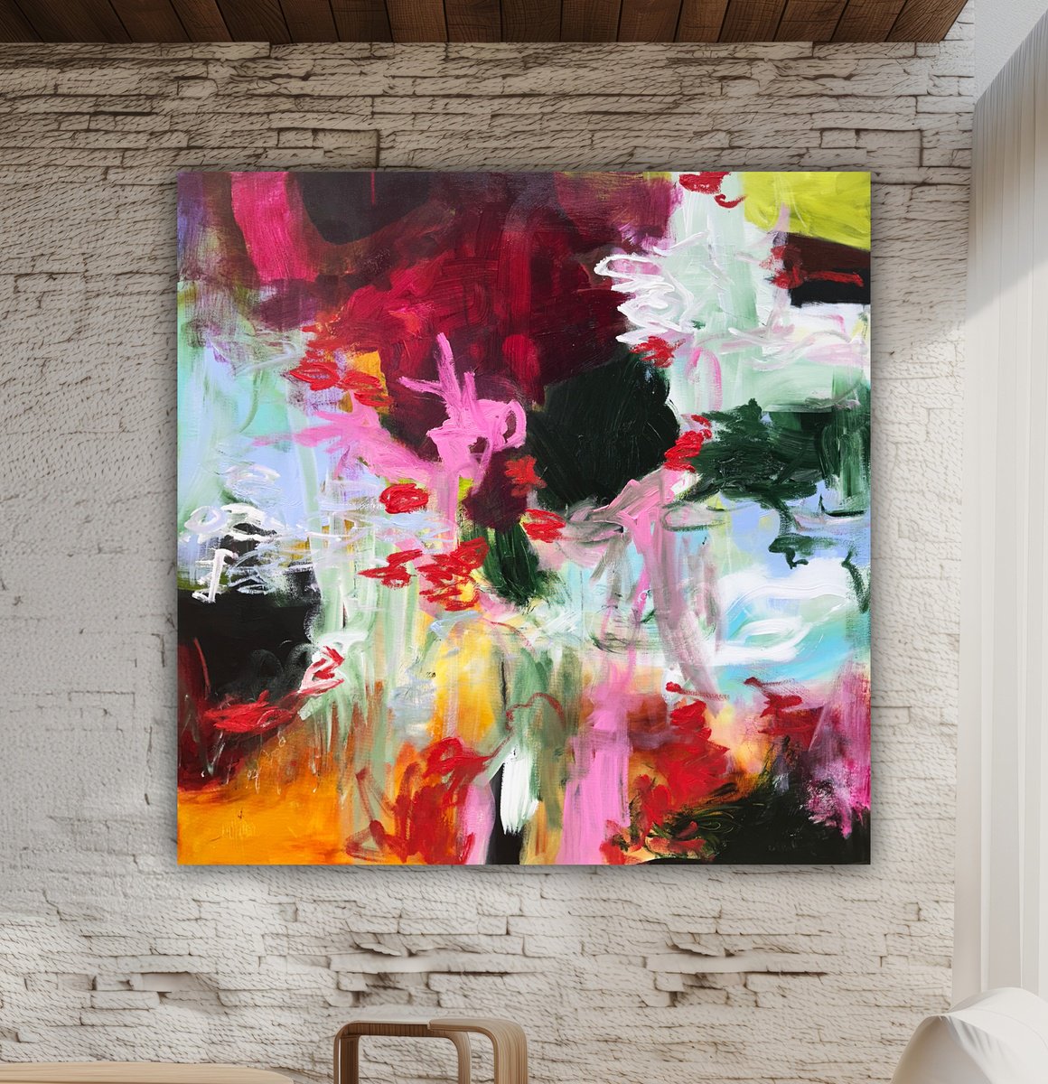 Abstract Oil Painting By Andrada Anghel, 40 X 40, Wandering With Flowers In Hand, Original Artwork