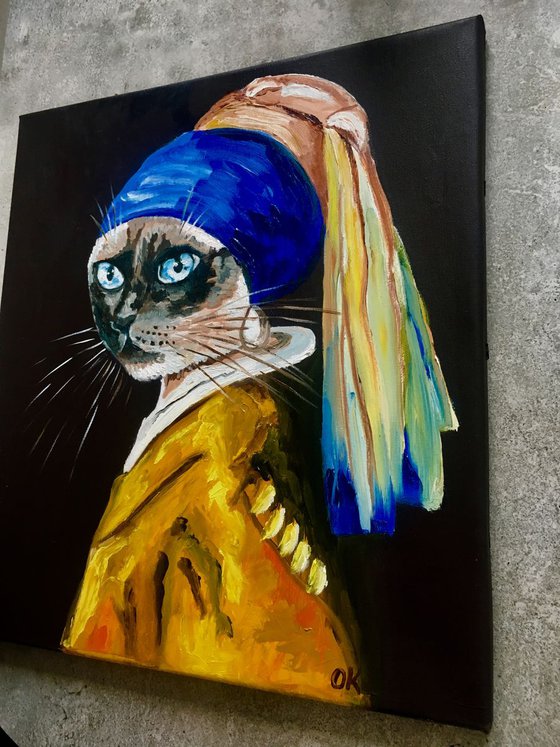 Siamese Cat with the pearl earring. Feline art.