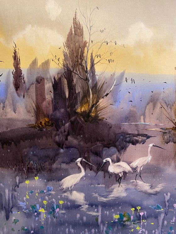 Watercolor Sold “Evening on the lake.White birds” perfect gift