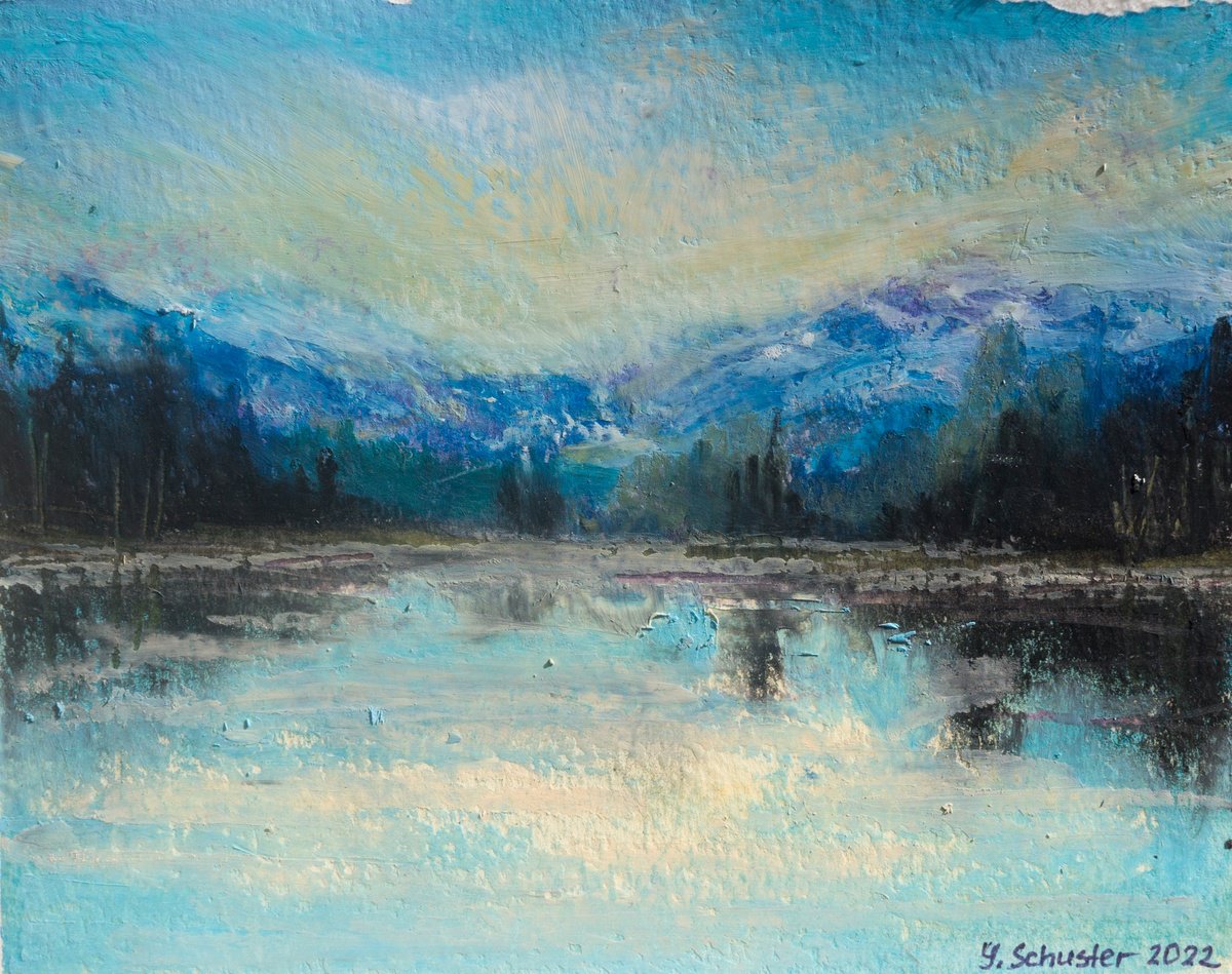 Impressionistic Landscape Acrylic Painting By Yulia Schuster, 6 X 5", Reflection V1, Original Artwork