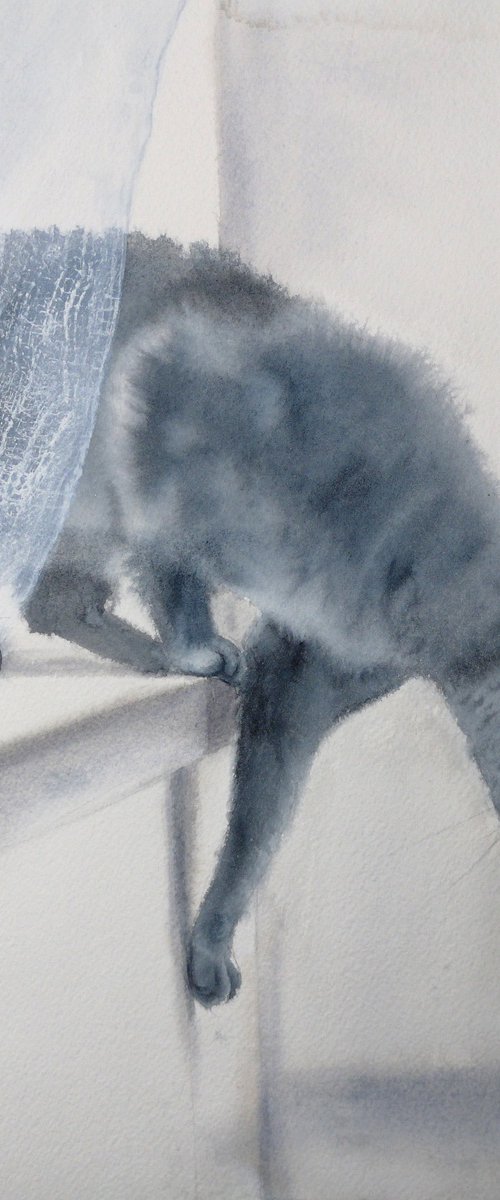 Blue cat - Smoky Cat - Gray Ca by Olga Beliaeva Watercolour