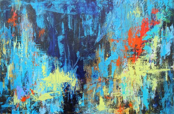 Large Abstract Landscape Painting. Blue, Red, Teal, Brown. Modern Textured Art