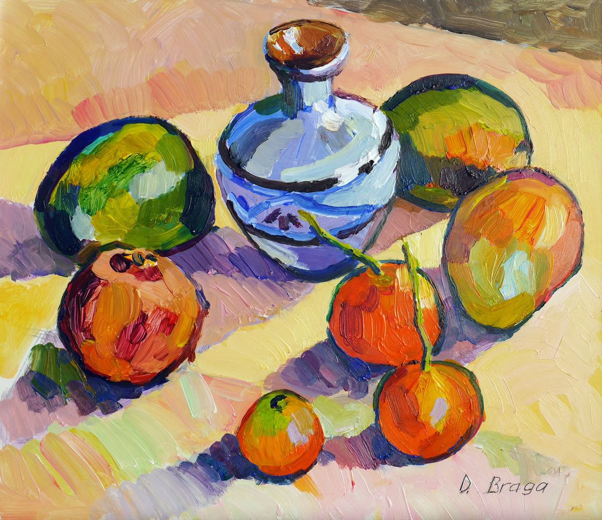 Impressionistic Still Life Acrylic Painting By Dima Braga, 17 X 15, Still Life With Mango, Original Artwork