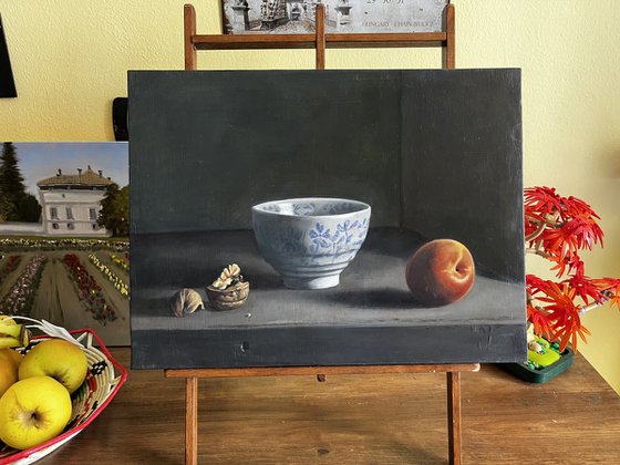 Grisaille Still Life: Peach and Walnuts