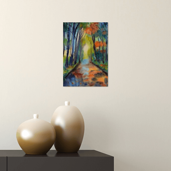 Fall watercolor painting Autumn forest with river