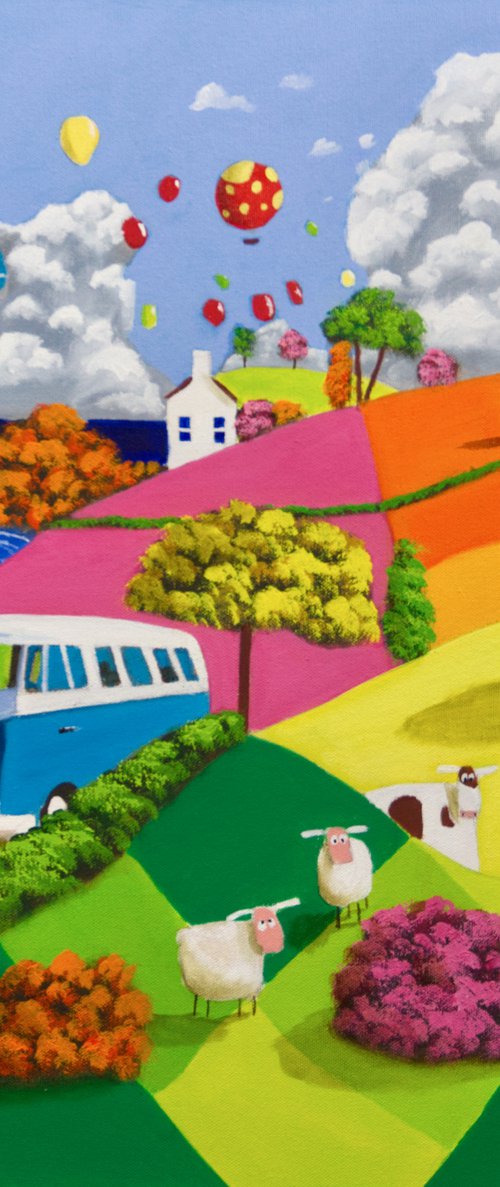 VW Camper Van, sheep and cow Naive art landscape by Gordon Bruce