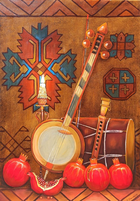 Still life musical instrument and candle (50x70cm, oil painting, ready to hang)