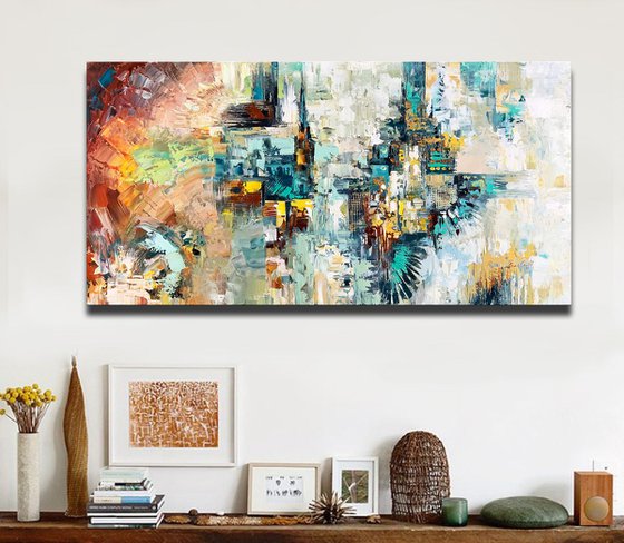 Abstract Painting - Being In The Flow Original Cityscape White Grey Aqua Blue Painting