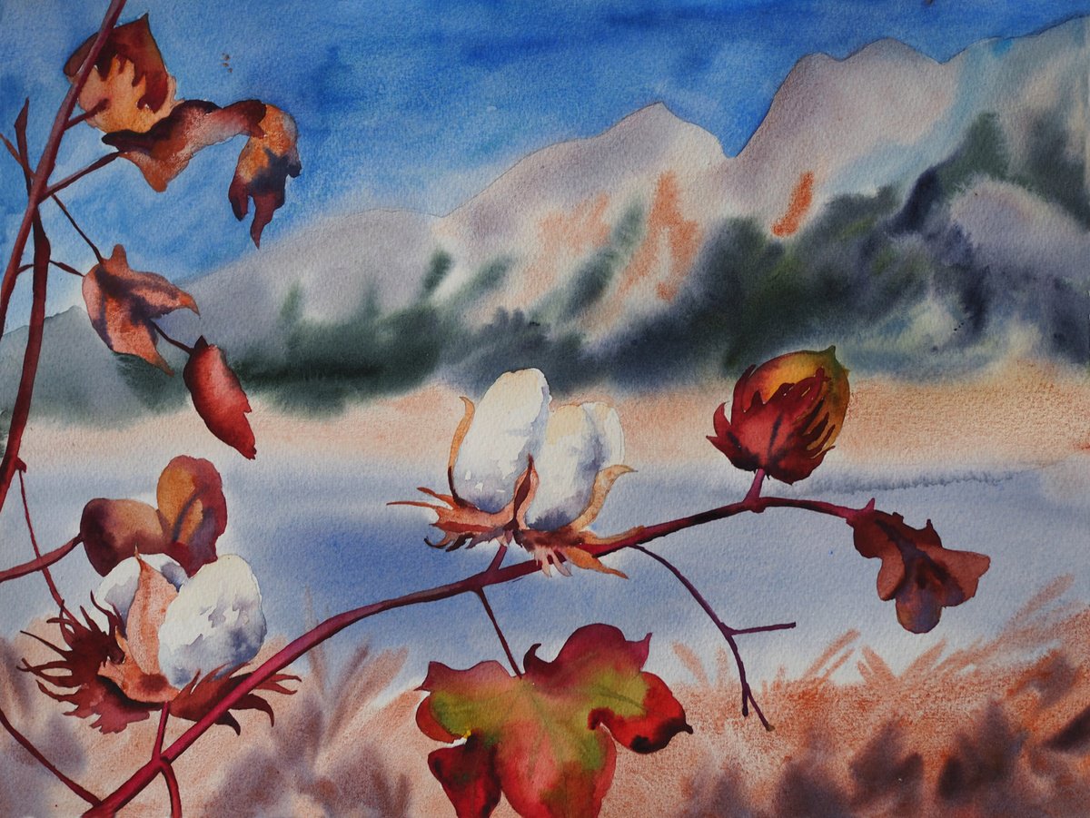 Cotton branch on the mountain / Bavovna - original watercolor artwork from ukranian artist by Delnara El
