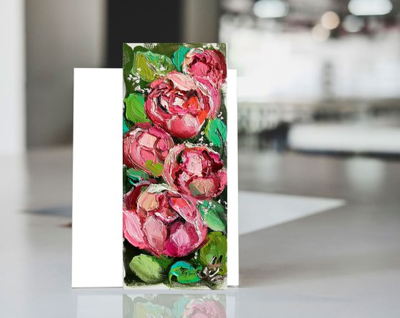Pink and textured blossom Peonies Painting, Miniature on canvas