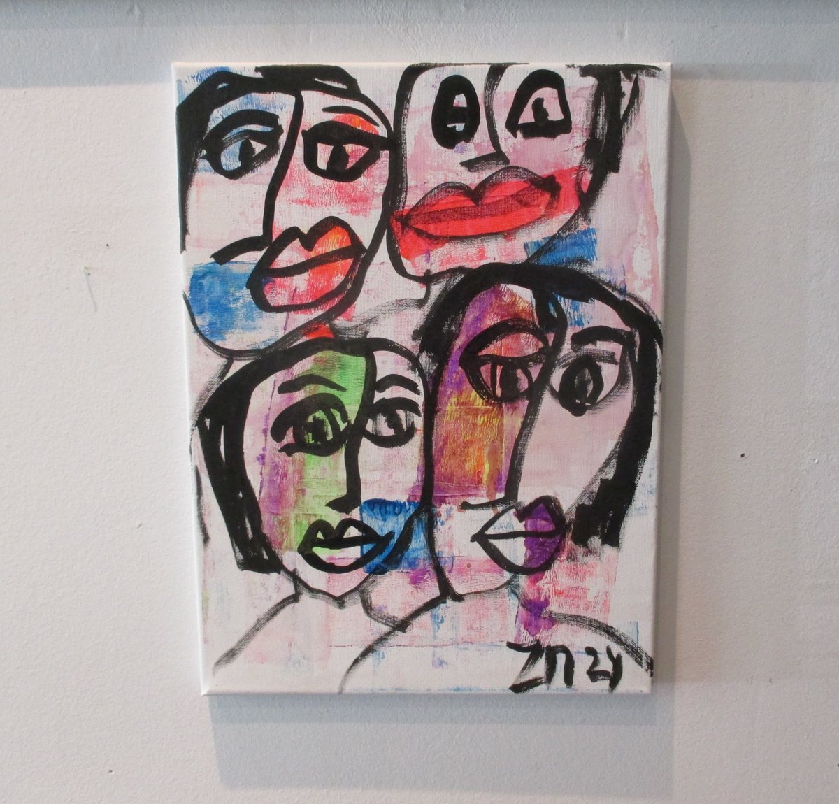 Expressive Portrait Acrylic Painting By Sonja Zeltner-Muller, 12 X 16", Expressive Neon Faces 11,8 X 15,7 Inch, Original Artwork