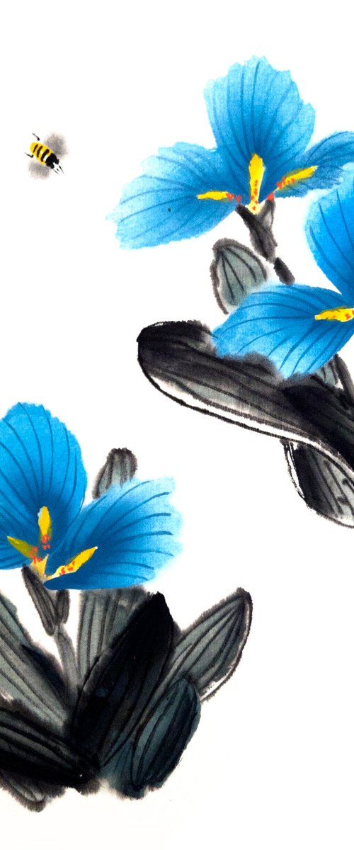 Blue sky irises and honey bees - Oriental Chinese Ink Painting by Ilana Shechter