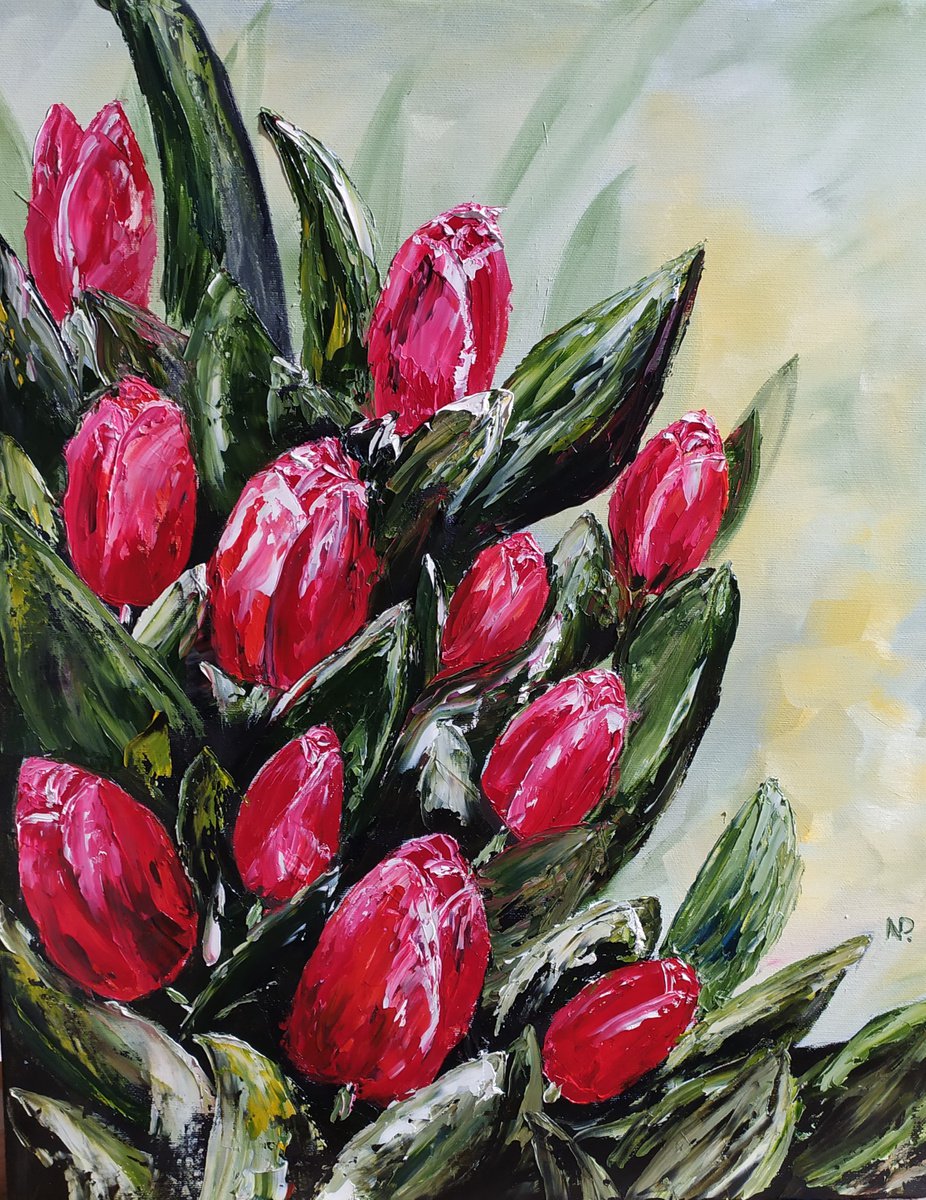 Red tulips, original flower impressionistic oil painting, Gift art, floral composition by Nataliia Plakhotnyk