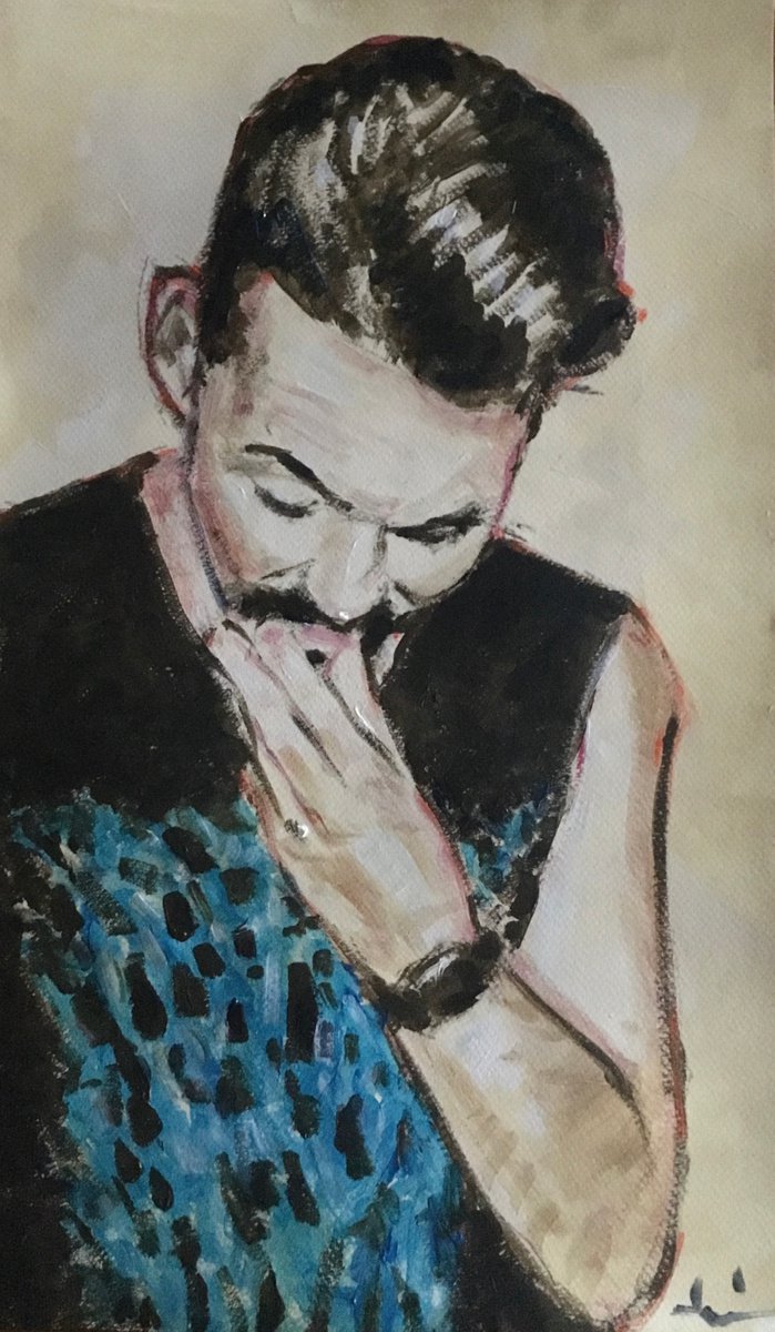 Expressive Portrait Acrylic Painting By Dominique Deve, 12 X 20, The Blue T Shirt, Original Artwork