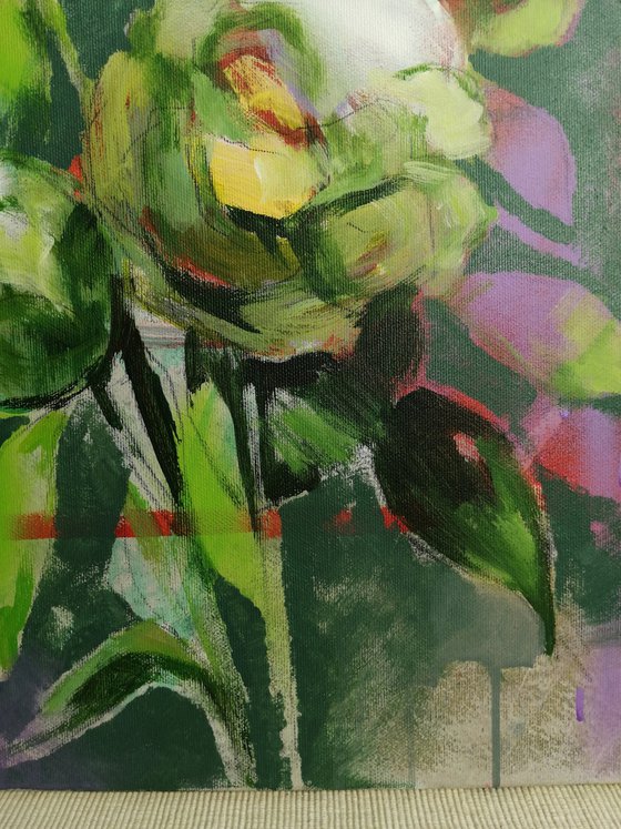 Green peonies modern mixed media painting