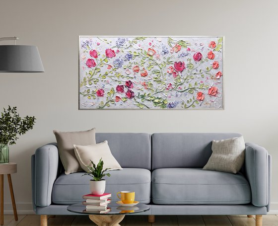 3D Textured Flowers Painting, Original Pink Rose, Heavy Textured Flower Painting Decor Living Room Decor Texture Acrylic Painting