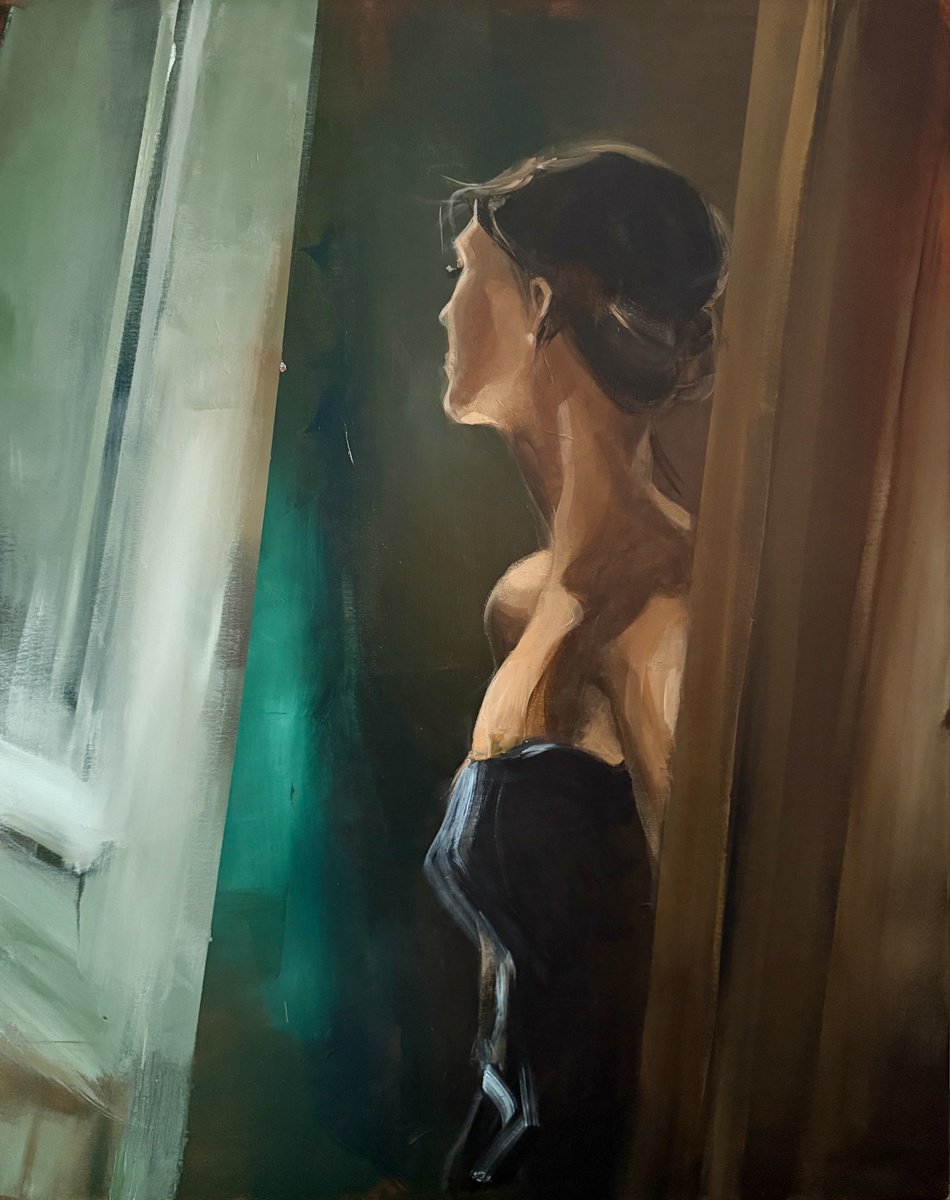 Expressive Portrait Acrylic Painting By Tamara Andjus, 31 X 39", Secret Door Ii, Original Artwork