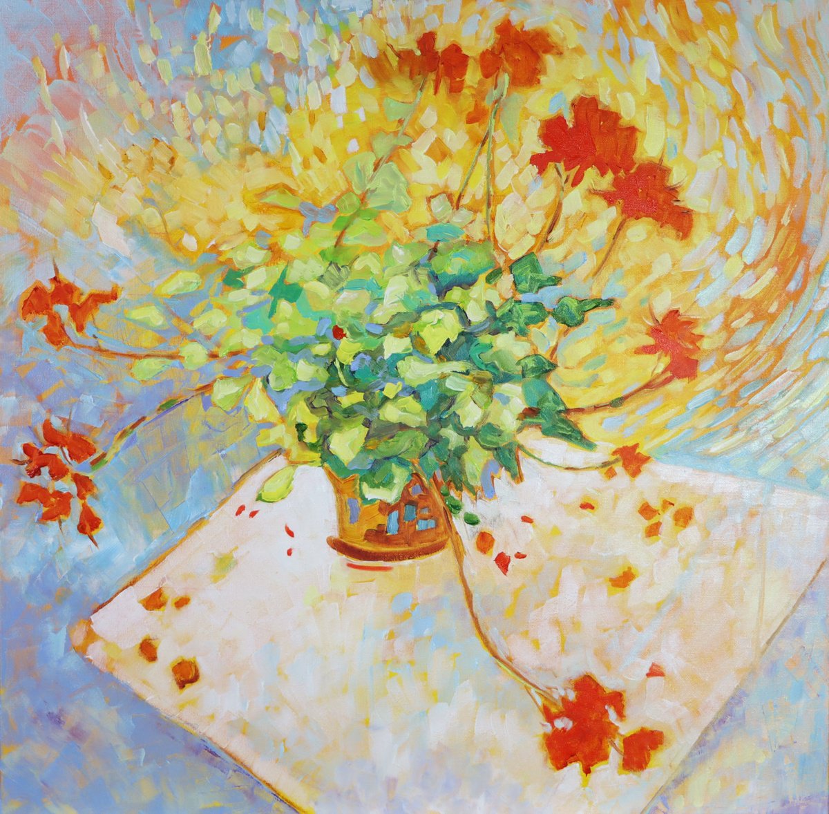 Impressionistic Botanical Oil Painting By Mary Kemp, 16 X 16", Sunshine And Geraniums, Original Artwork