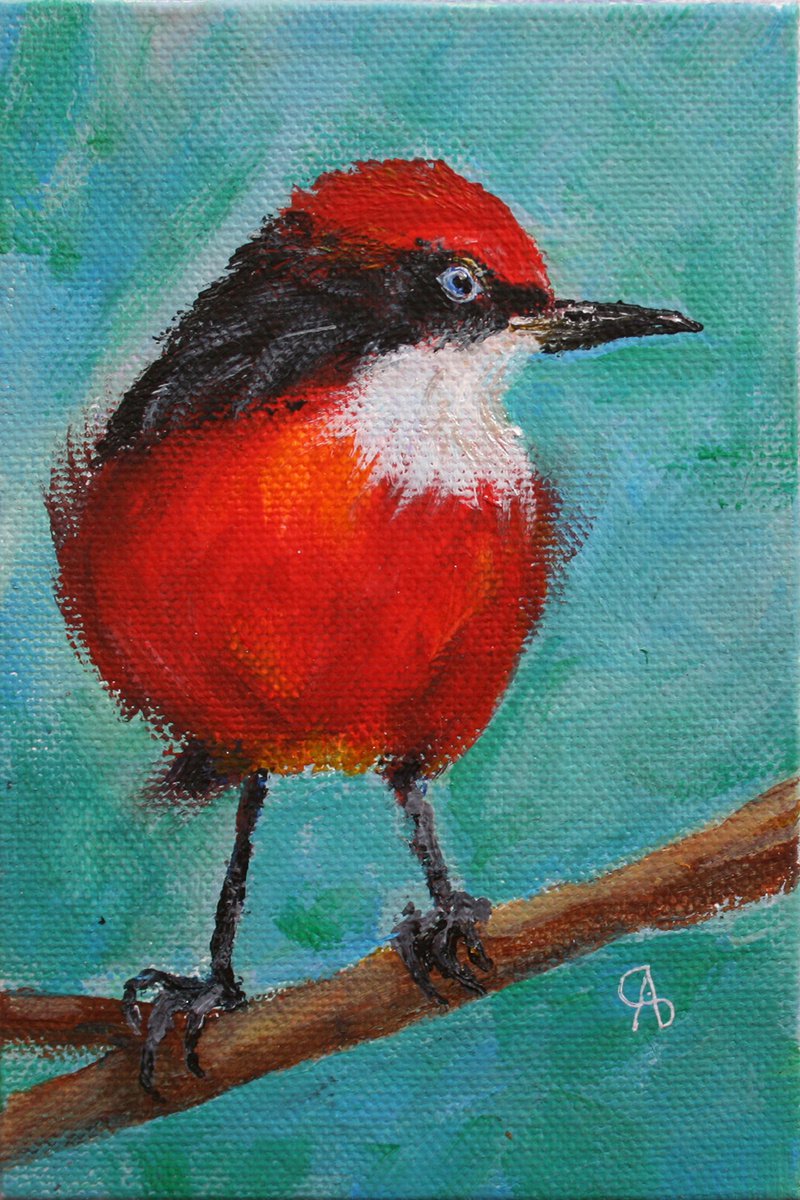 Bird I. Crimson Chat / From my a series of mini works BIRDS / ORIGINAL PAINTING by Salana Art Gallery