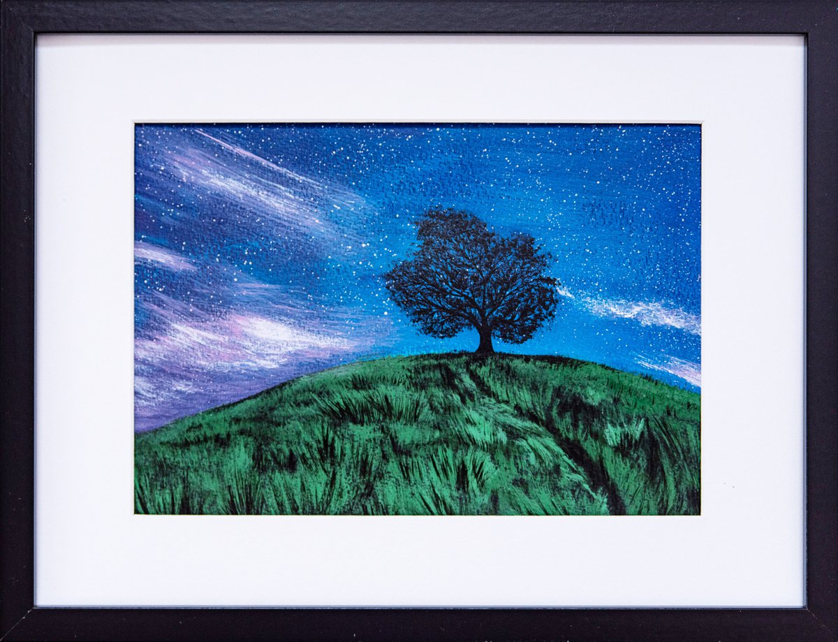 TREE AT NIGHT - framed landscape, lonely tree on the hill, grass field, glade, ready-made... by Rimma Savina