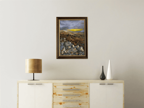 Breathtaking  Original Rocky Mountain Sunset Landscape in oils gold and brown frame