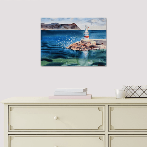 Lighthouse and Greek island view - original watercolor