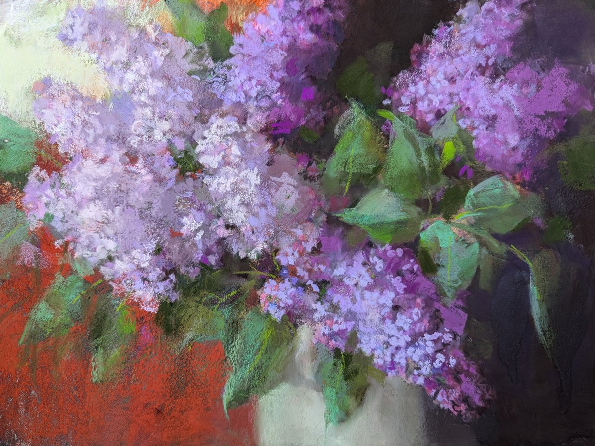 Impressionistic Botanical Pastel Drawing By Silja Salmistu, 16 X 12", Lilacs 1`25, Original Artwork