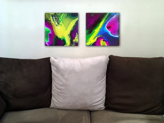 "His And Hers" - FREE USA SHIPPING + Save As A Series - Original PMS Abstract Diptych Fluid Acrylic Paintings On Canvas - 24" x 12"