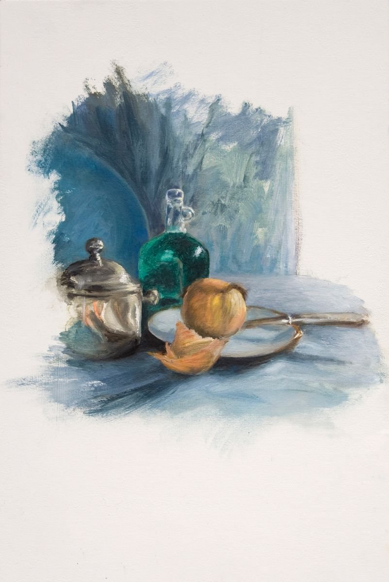 Onion and knife in blue by John Fleck