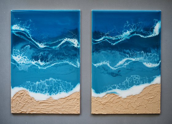 Diptych "On the beach" - set of 2 original seascape 3d artwork