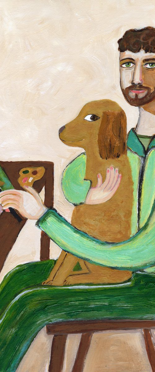 The painter, artist with dog by Sharyn Bursic