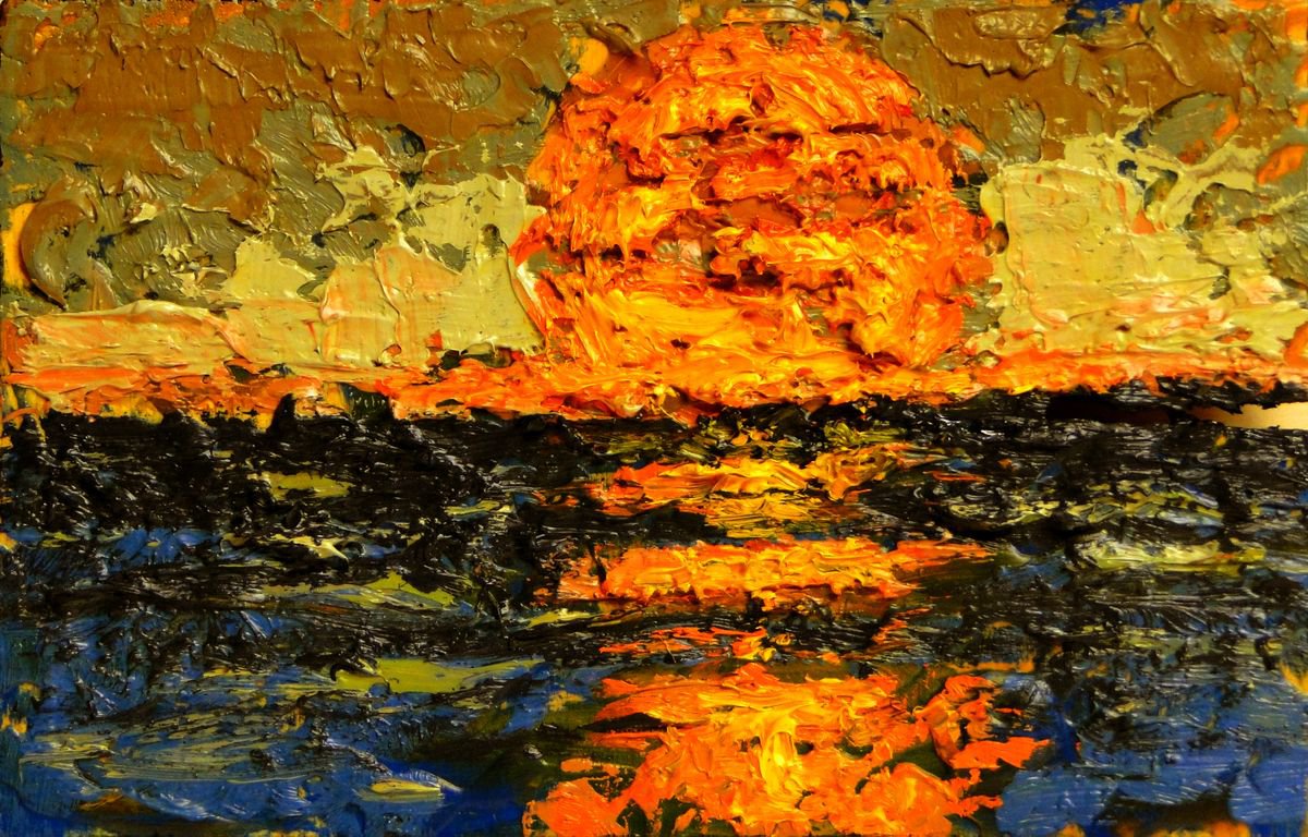 Impressionistic Landscape Oil Painting By Rick Paller, 9 X 6", Sunset On The Gulf, Original Artwork