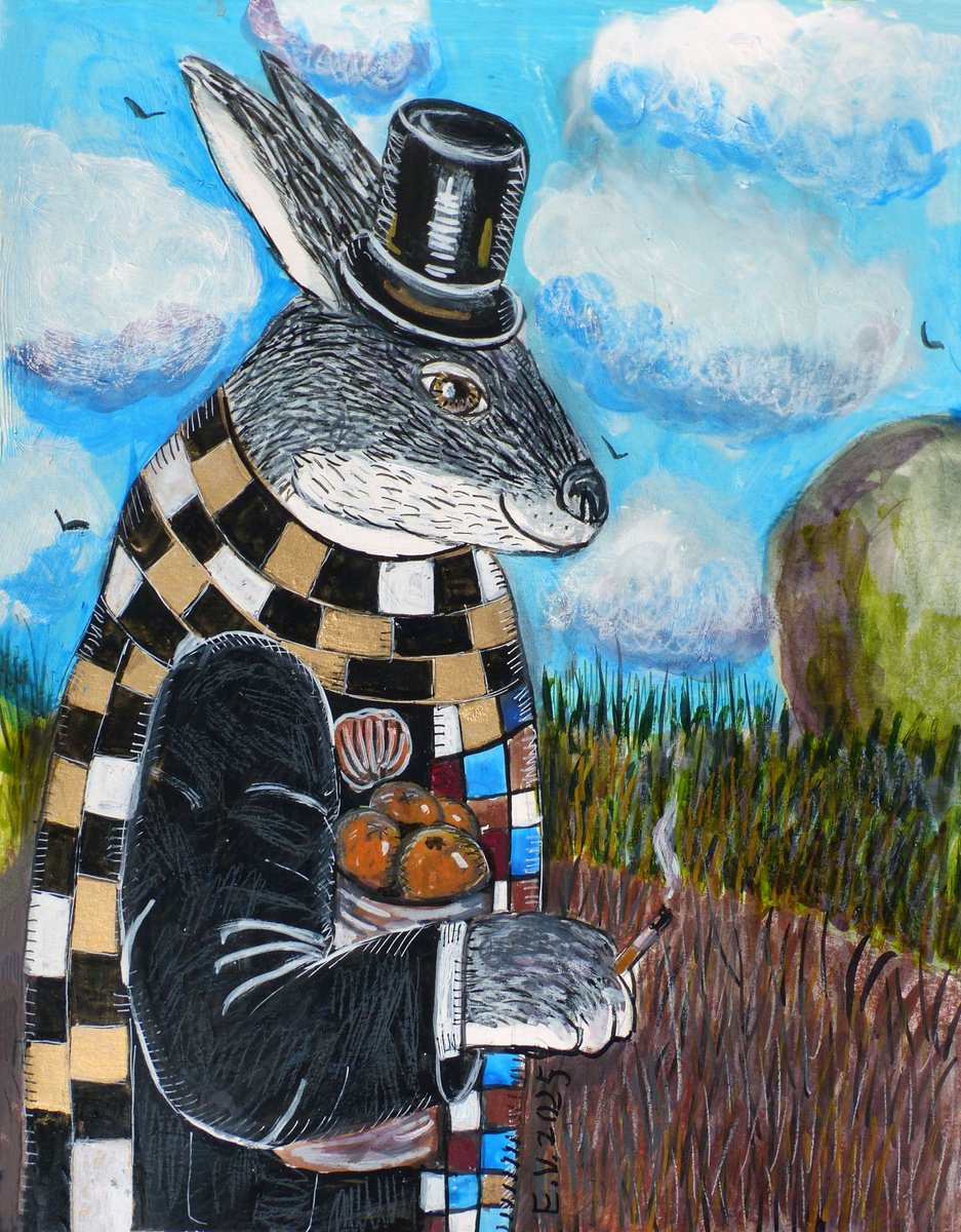 Surrealistic Animal Painting By Elizabeth Vlasova, 11 X 14, The Traveling Gentleman, Original Artwork