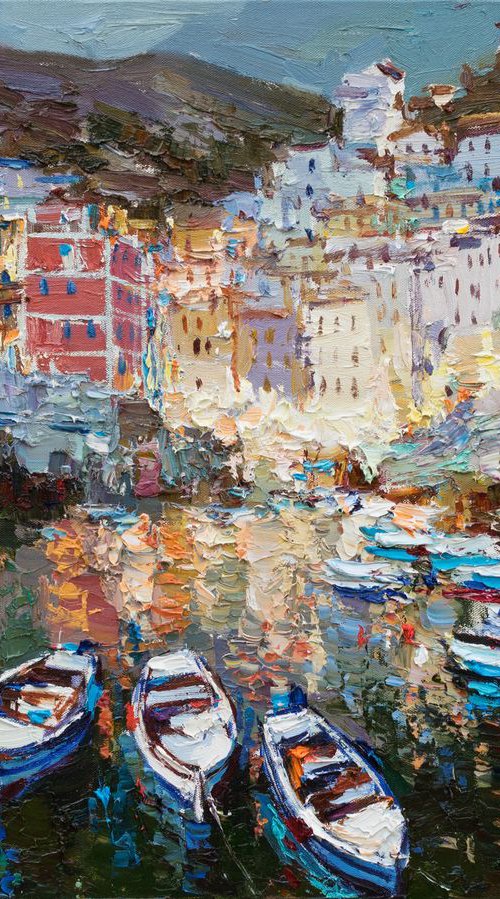 Riomaggiore, Cinque terre - Italian Landscape painting by Anastasiia Valiulina