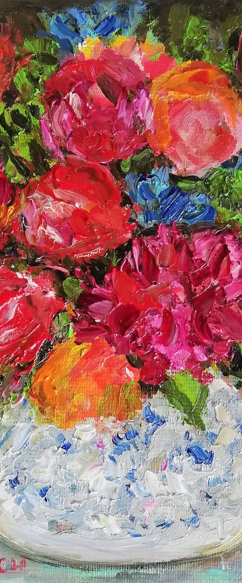 Garden Flowers in Vase | Small Oil Painting on Canvas Stretching 8x8 in (20x20cm) by Katia Ricci