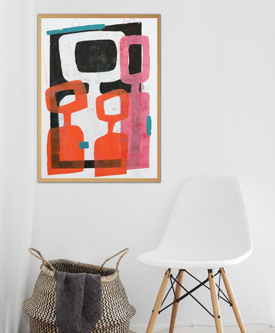 Abstract Family Portrait  - Art on paper - Pink & Orange - A2 42x59,4cm - Ronald Hunter 31J