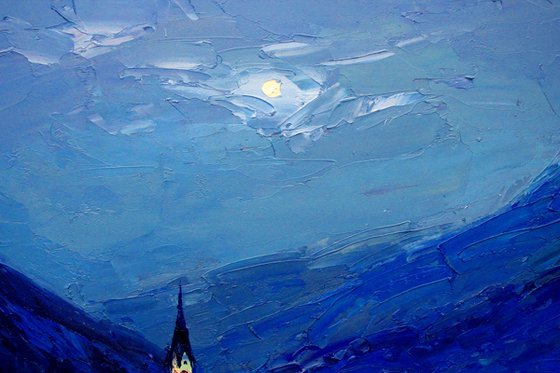 Night Hallstatt. Moon and clouds landscape