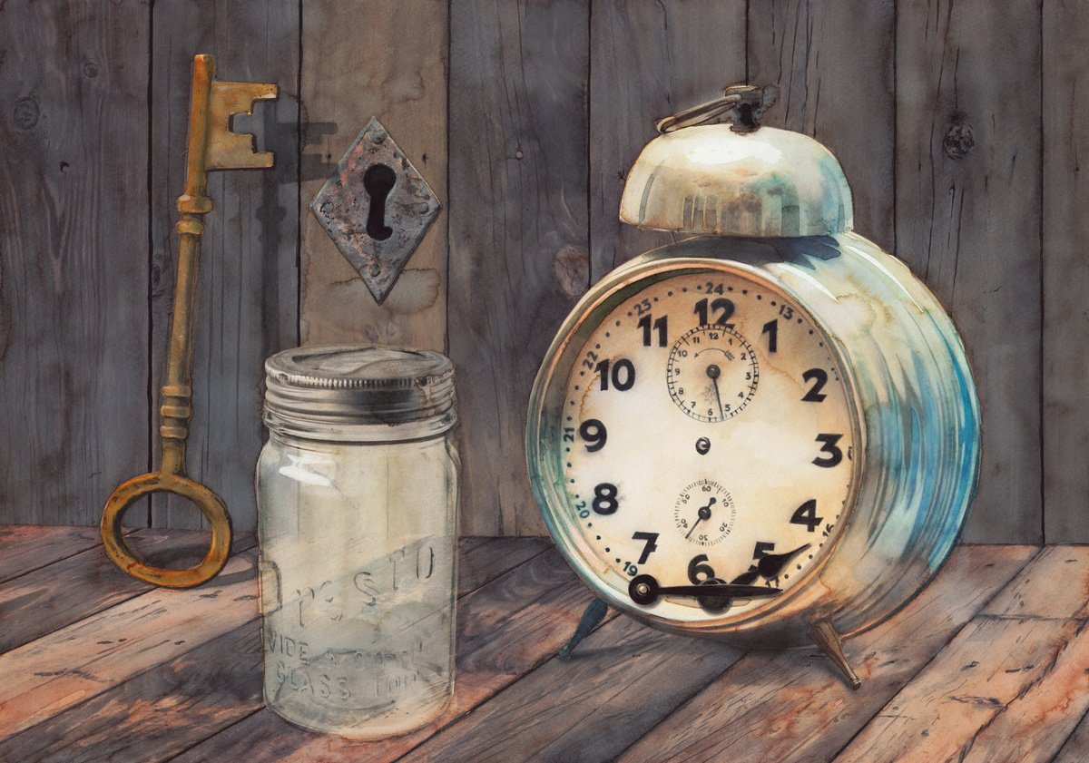 Photorealistic Still Life Watercolour By Reme Jr., 19 X 13", Out Of Time, Original Artwork