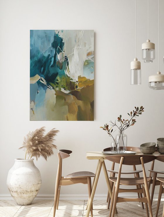 "Melody" Teal gray white abstract art