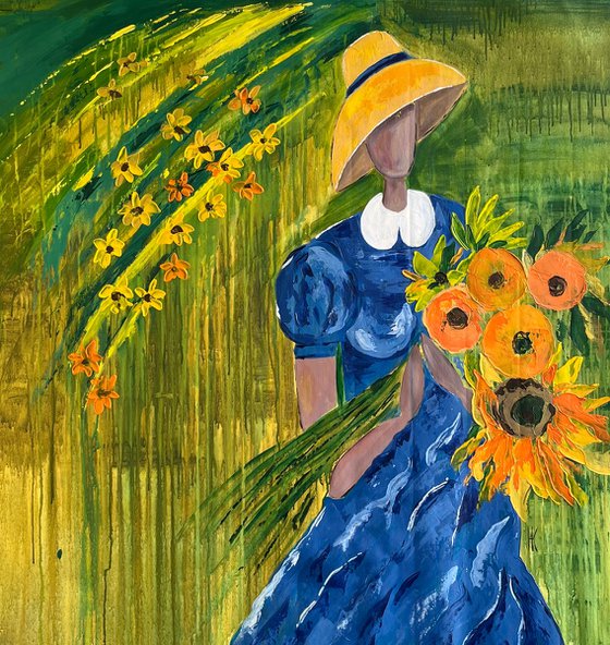 Woman with Sunflowers Painting