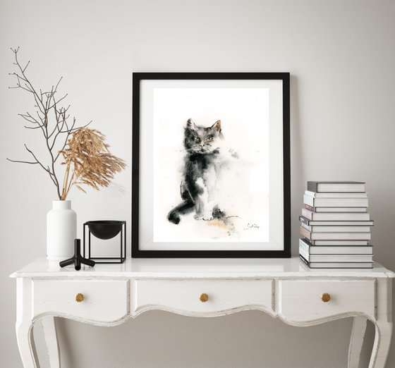 Cat Watercolor Painting, Cat Portrait Art, Watercolour Pet Painting Art