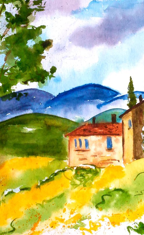 Tuscany Painting Landscape Original Art Farm House Watercolor Artwork PoplarTree Yellow Field Small Wall Art 8 by 12" by Halyna Kirichenko by Halyna Kirichenko