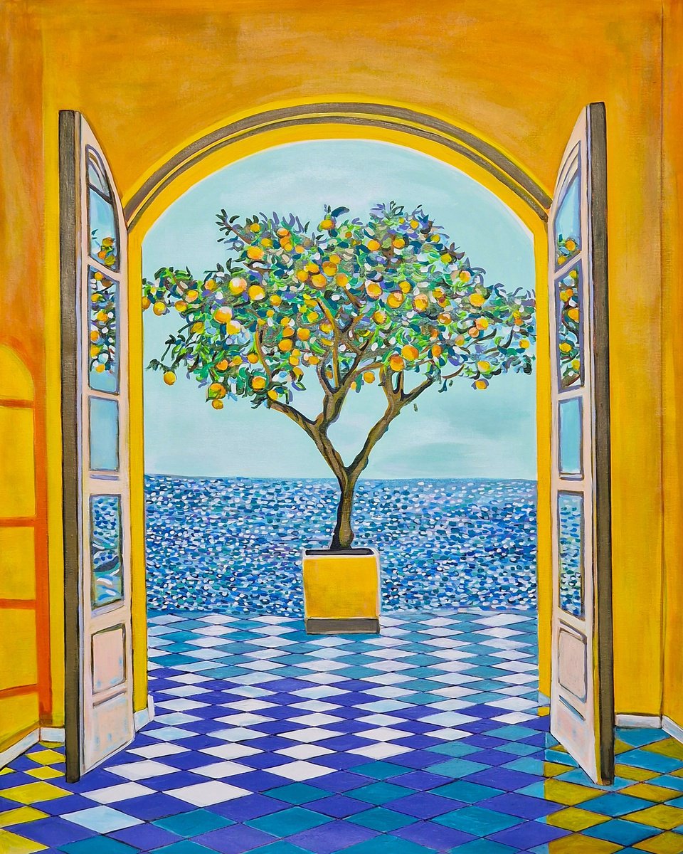 Impressionistic Cityscapes Acrylic Painting By Alexandra Djokic, 31 X 39, Seascape With Lemon Tree, Original Artwork
