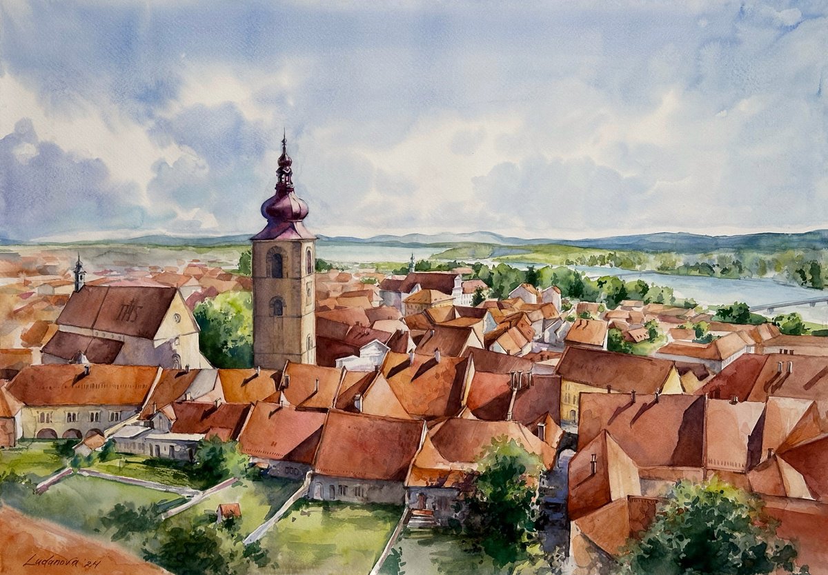 Impressionistic Cityscapes Watercolour By Yuliia Ludanova, 28 X 20", Ptuj City View, Original Artwork